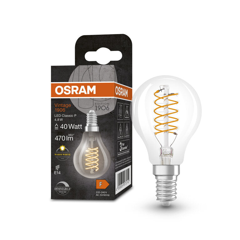 Osram / Ledvance LED Filament Vintage 1906 Classic P klar 320° 4,8-40W/827 warmweiß 470lm E14 220-240V dimmbar