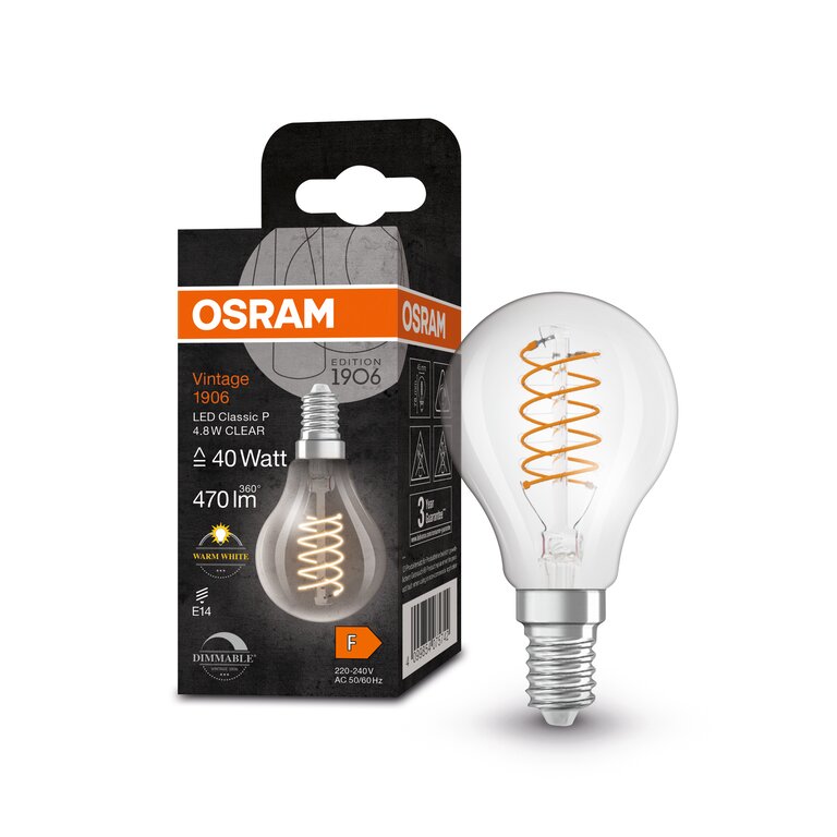 Osram / Ledvance LED Filament Vintage 1906 Classic P klar 320° 4,8-40W/827 warmweiß 470lm E14 220-240V dimmbar