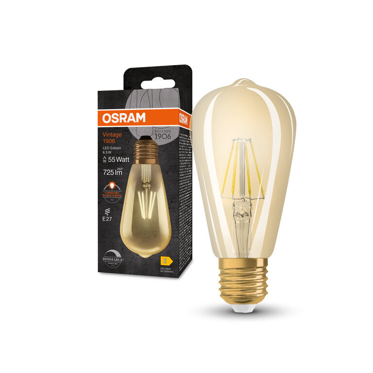 Osram / Ledvance LED Filament Vintage 1906 Edison gold 300° 6,5-55W/824 extra warmweiß 725lm E27 220-240V dimmbar