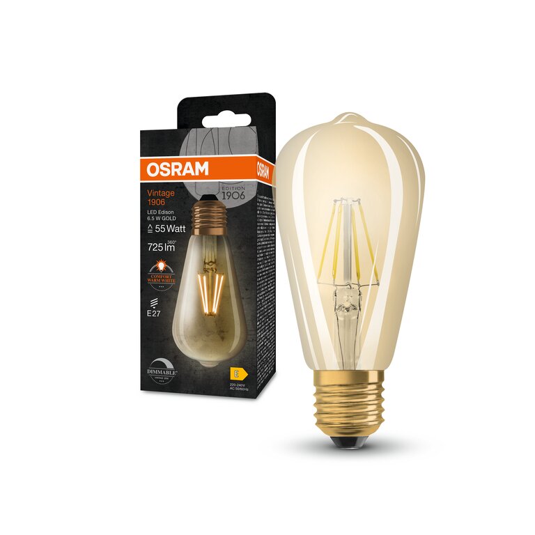 Osram / Ledvance LED Filament Vintage 1906 Edison gold 300° 6,5-55W/824 extra warmweiß 725lm E27 220-240V dimmbar