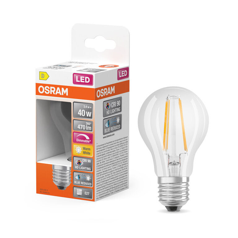 Osram / Ledvance LED Filament Superstar Plus Classic A klar 300° 3,4-40W/927 warmweiß 470lm E27 220-240V dimmbar