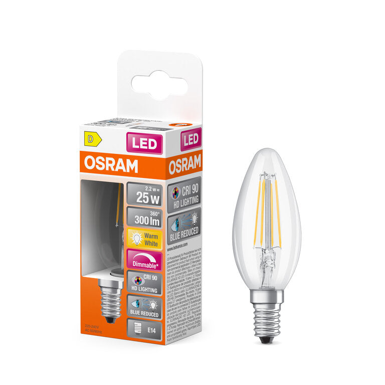 Osram / Ledvance LED Filament Superstar Plus Kerze B klar 300° 2,2-25W/927 warmweiß 300lm E14 220-240V dimmbar