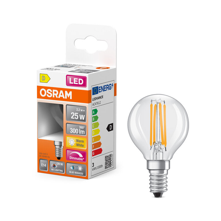 Osram / Ledvance LED Filament Superstar Plus Tropfen P klar 300° 2,2-25W/927 warmweiß 300lm E14 220-240V dimmbar