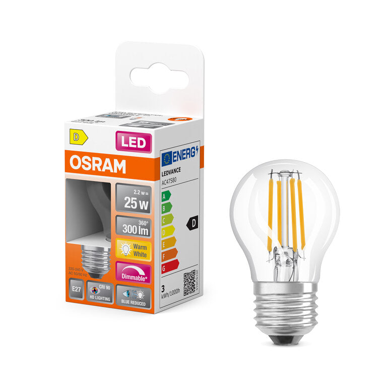 Osram / Ledvance LED Filament Superstar Plus Tropfen P klar 300° 2,2-25W/927 warmweiß 300lm E27 220-240V dimmbar