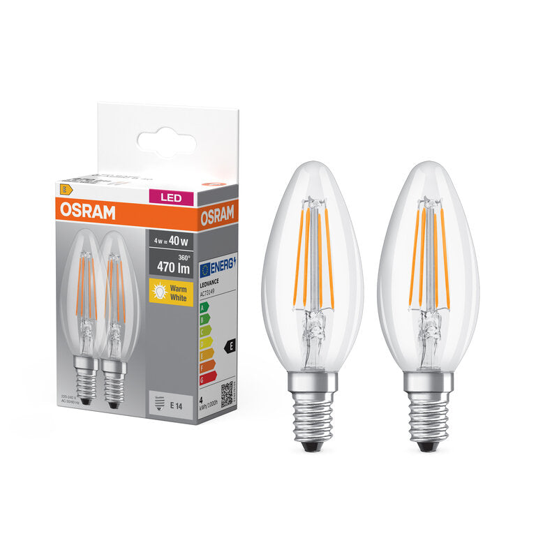 Osram / Ledvance LED Filament Base Kerze B klar 300° 4-40W/827 warmweiß 470lm E14 220-240V 2er Pack