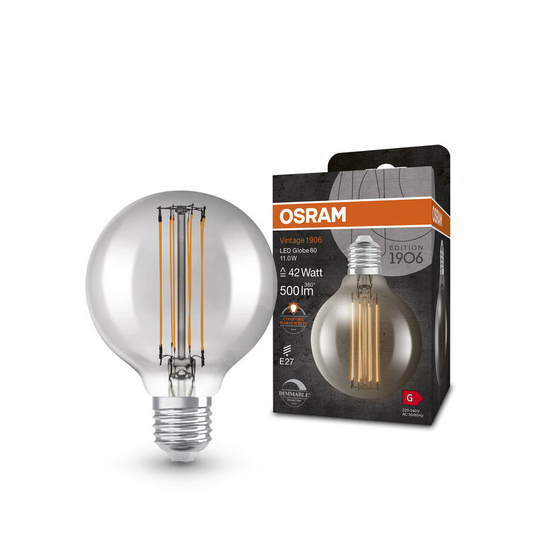 Osram / Ledvance LED Filament Vintage 1906 Globe G80 rauchig 320° 11-42W/818 extra warmweiß 500lm E27 220-240V dimmbar
