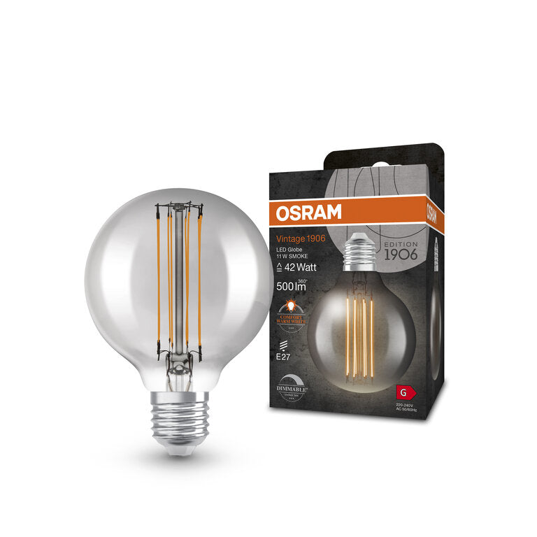 Osram / Ledvance LED Filament Vintage 1906 Globe G80 rauchig 320° 11-42W/818 extra warmweiß 500lm E27 220-240V dimmbar
