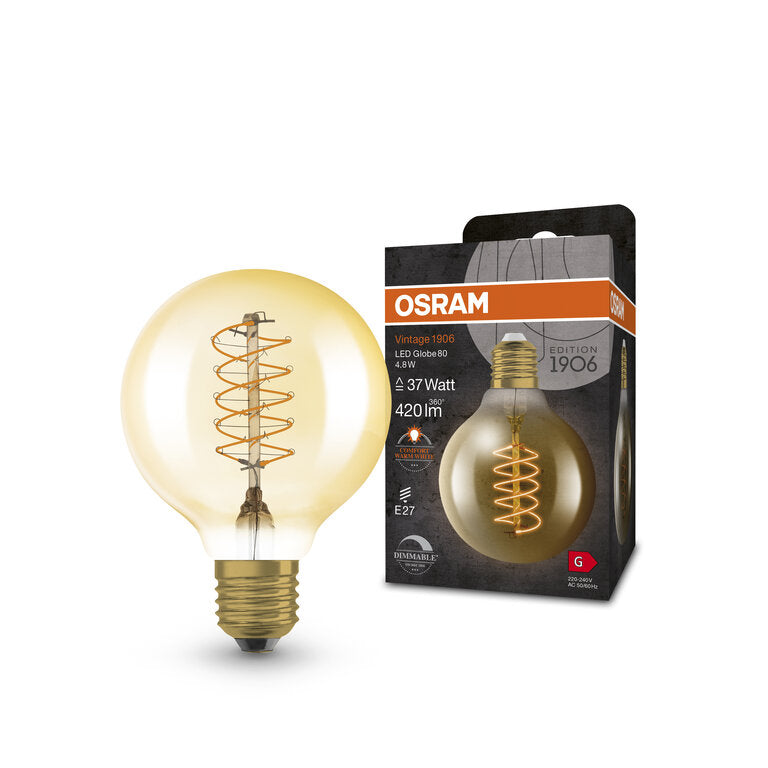 Osram / Ledvance LED Filament Vintage 1906 Globe G80 gold 320° 4,8-37W/822 extra warmweiß 420lm E27 220-240V dimmbar