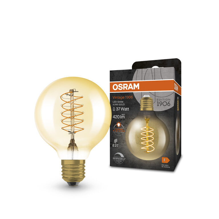 Osram / Ledvance LED Filament Vintage 1906 Globe G80 gold 320° 4,8-37W/822 extra warmweiß 420lm E27 220-240V dimmbar