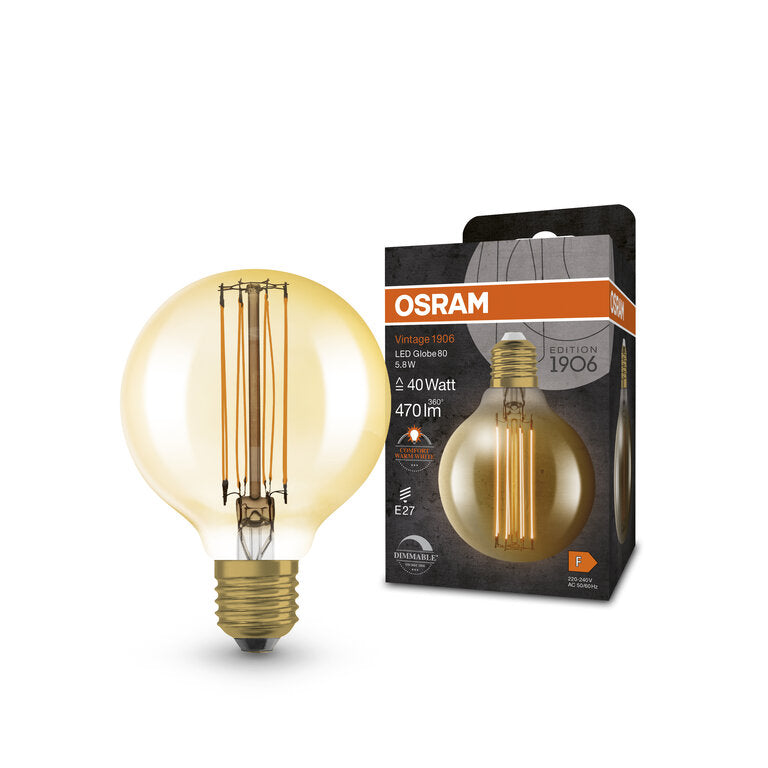 Osram / Ledvance LED Filament Vintage 1906 Globe G80 gold 320° 5,8-40W/822 extra warmweiß 470lm E27 220-240V dimmbar
