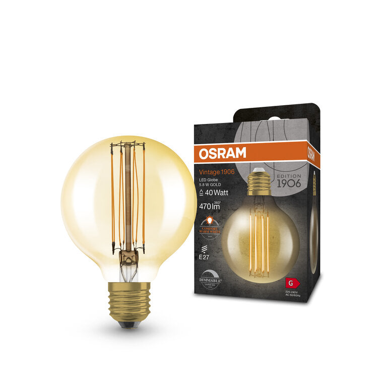 Osram / Ledvance LED Filament Vintage 1906 Globe G80 gold 320° 5,8-40W/822 extra warmweiß 470lm E27 220-240V dimmbar