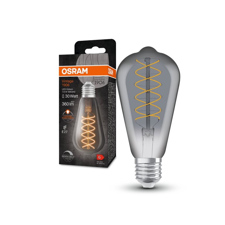 Osram / Ledvance LED Filament Vintage 1906 Edison rauchig 320° 7,8-30W/818 extra warmweiß 360lm E27 220-240V dimmbar
