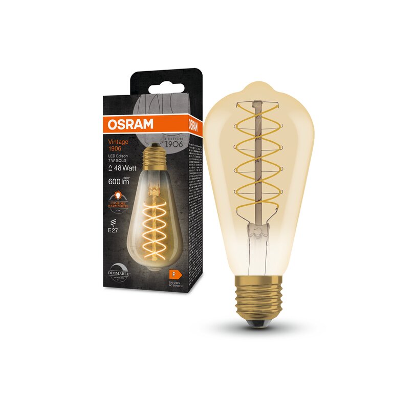 Osram / Ledvance LED Filament Vintage 1906 Edison gold 320° 7-48W/822 extra warmweiß 600lm E27 220-240V dimmbar
