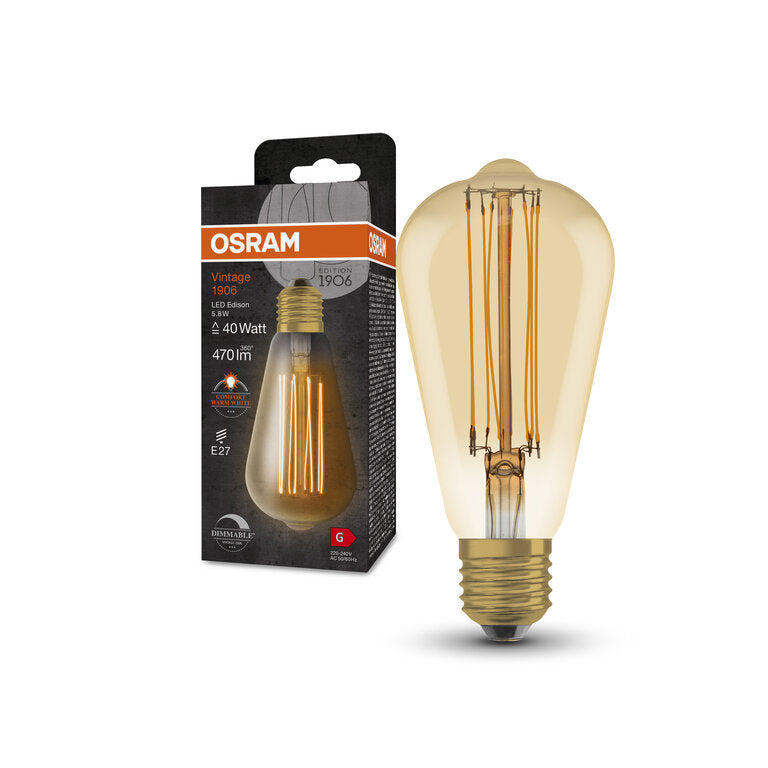 Osram / Ledvance LED Filament Vintage 1906 Edison gold 320° 5,8-40W/822 extra warmweiß 470lm E27 220-240V dimmbar