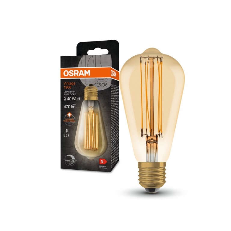 Osram / Ledvance LED Filament Vintage 1906 Edison gold 320° 5,8-40W/822 extra warmweiß 470lm E27 220-240V dimmbar