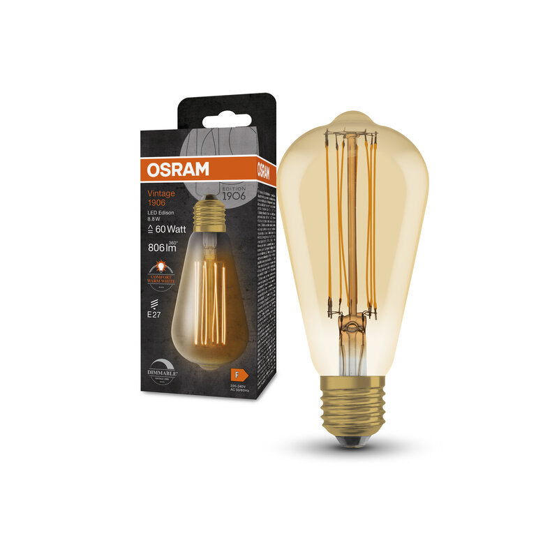 Osram / Ledvance LED Filament Vintage 1906 Edison gold 320° 8,8-60W/822 extra warmweiß 806lm E27 220-240V dimmbar