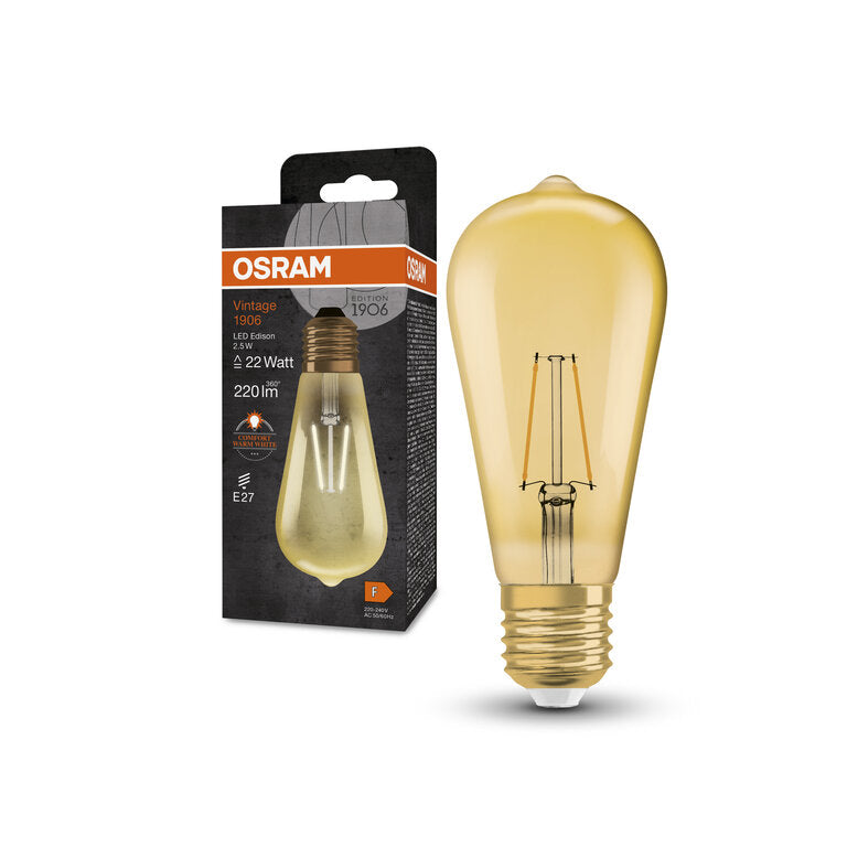 Osram / Ledvance LED Filament Vintage 1906 Edison gold 300° 2,5-22W/824 extra warmweiß 220lm E27 220-240V