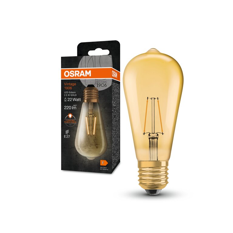 Osram / Ledvance LED Filament Vintage 1906 Edison gold 300° 2,5-22W/824 extra warmweiß 220lm E27 220-240V