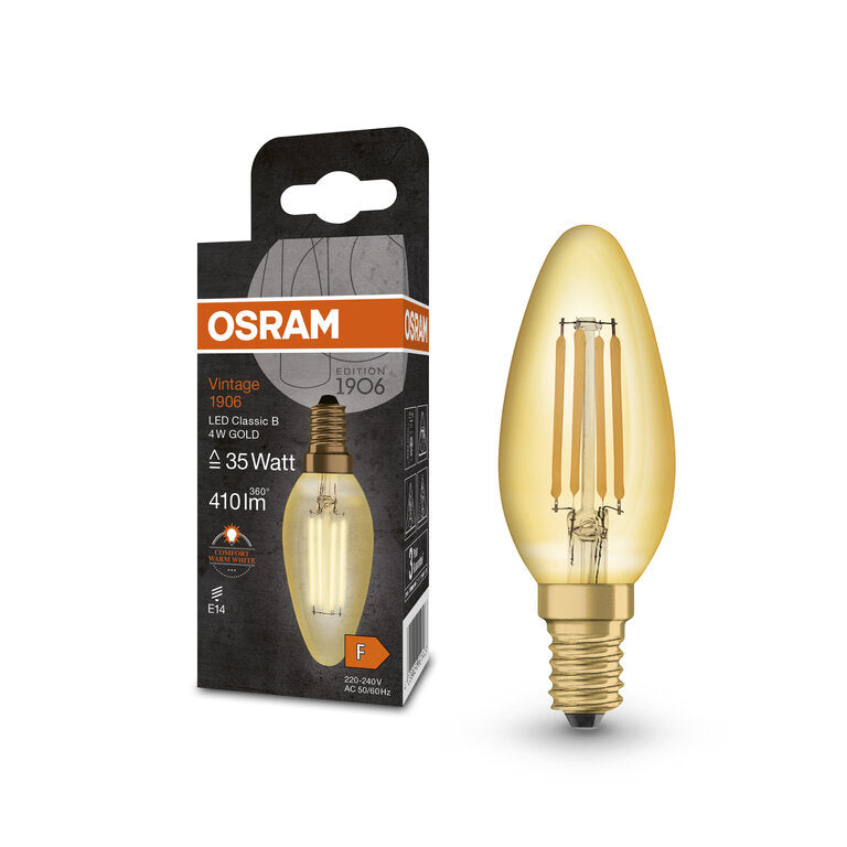 Osram / Ledvance LED Filament Vintage 1906 Kerze B gold 300° 4-35W/824 extra warmweiß 410lm E14 220-240V