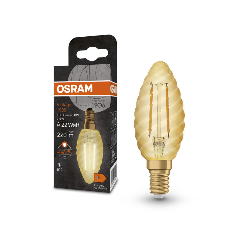 Osram / Ledvance LED Filament Vintage 1906 Kerze BW gold gedreht 300° 2,5-22W/824 extra warmweiß 220lm E14 220-240V