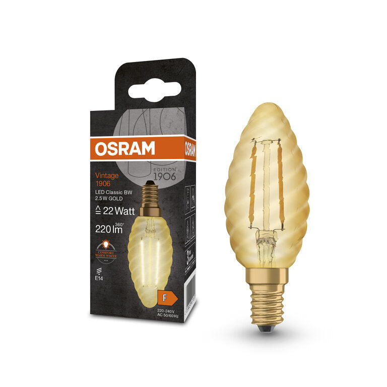 Osram / Ledvance LED Filament Vintage 1906 Kerze BW gold gedreht 300° 2,5-22W/824 extra warmweiß 220lm E14 220-240V