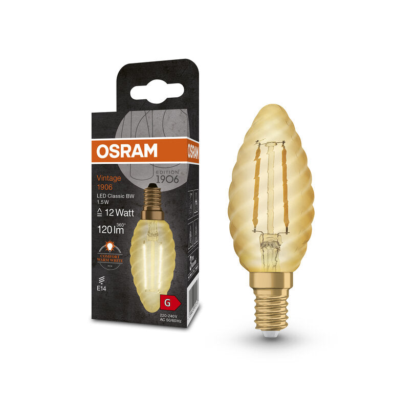 Osram / Ledvance LED Filament Vintage 1906 Kerze BW gold gedreht 300° 1,5-12W/824 extra warmweiß 120lm E14 220-240V