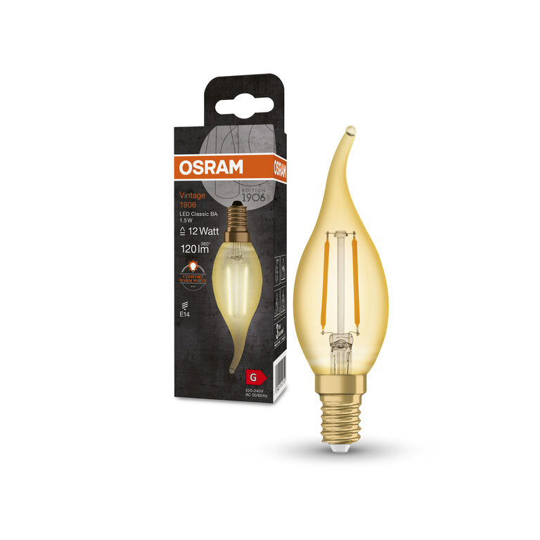 Osram / Ledvance LED Filament Vintage 1906 Kerze BA gold Windstoß 300° 1,5-12W/824 extra warmweiß 120lm E14 220-240V