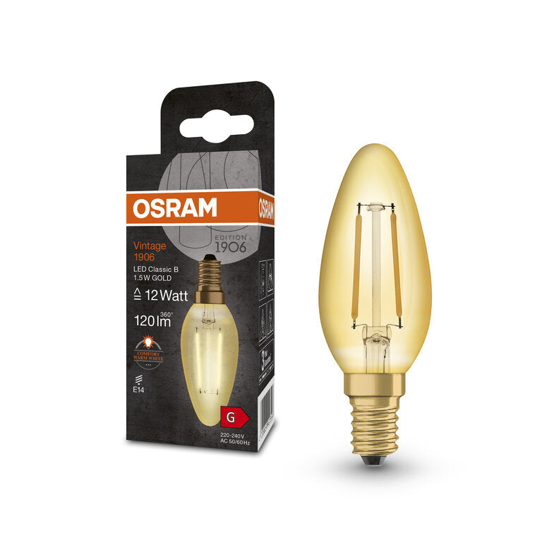 Osram / Ledvance LED Filament Vintage 1906 Kerze B gold 300° 1,5-12W/824 extra warmweiß 120lm E14 220-240V