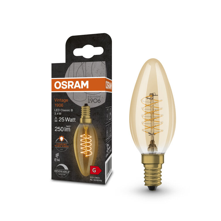Osram / Ledvance LED Filament Vintage 1906 Kerze B gold 320° 3,4-25W/822 extra warmweiß 250lm E14 220-240V dimmbar