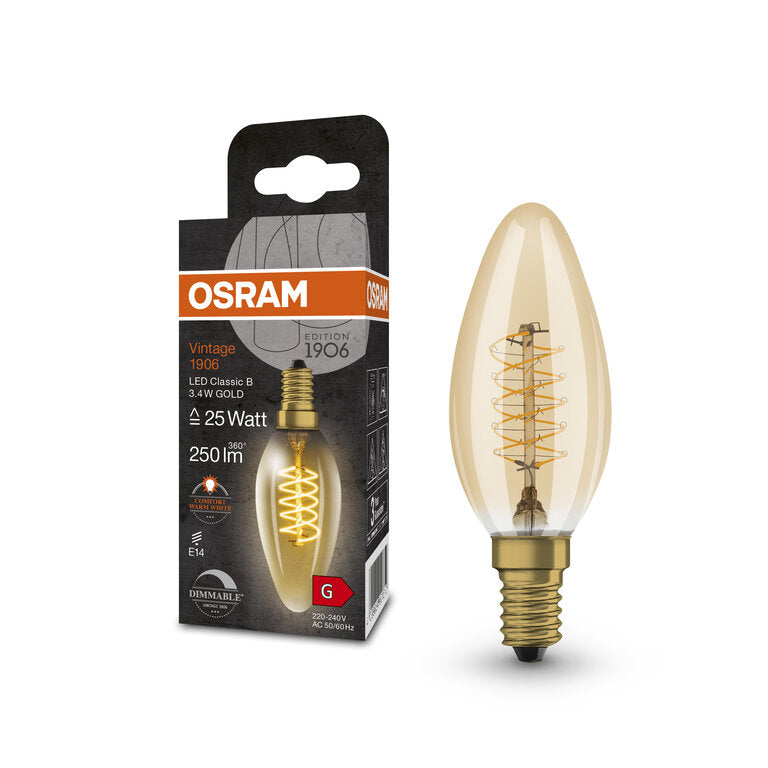 Osram / Ledvance LED Filament Vintage 1906 Kerze B gold 320° 3,4-25W/822 extra warmweiß 250lm E14 220-240V dimmbar