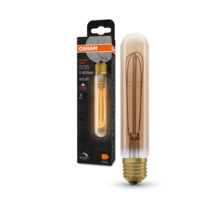 Osram / Ledvance LED Filament Vintage 1906 Tubular gold 320° 4,8-40W/822 extra warmweiß 470lm E27 220-240V dimmbar