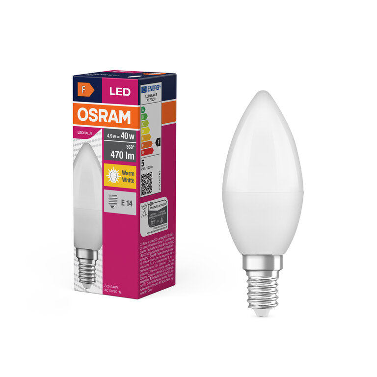 Osram / Ledvance LED Kerze B matt 220° Value 4,9-40W/827 warmweiß 470lm E14 220-240V