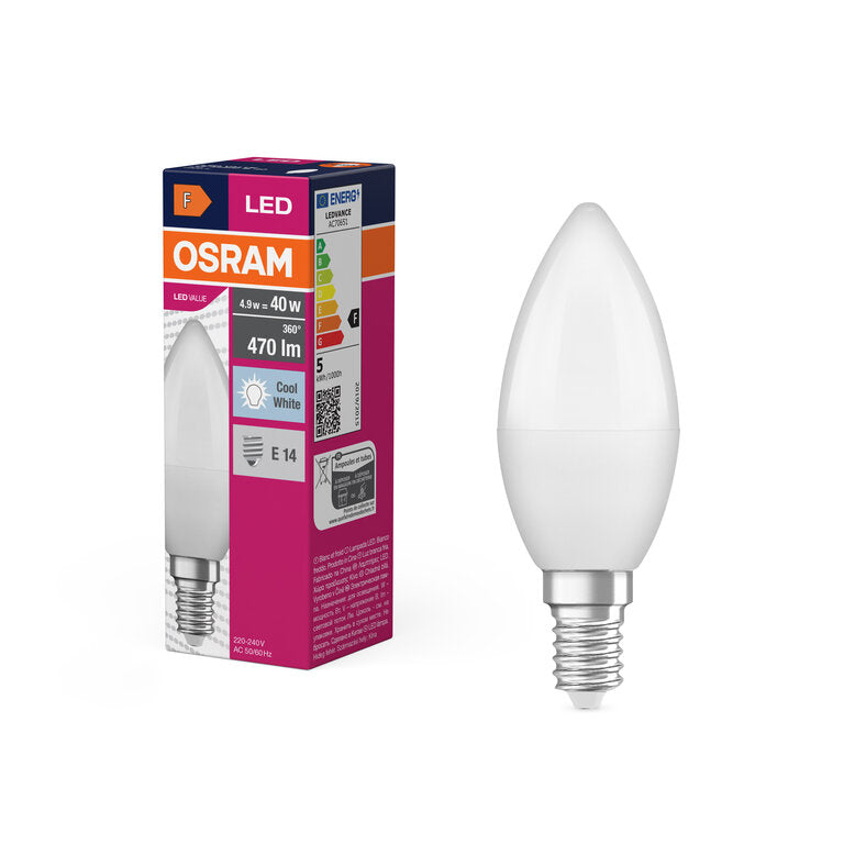 Osram / Ledvance LED Kerze B matt 220° Value 4,9-40W/840 kaltweiß 470lm E14 220-240V