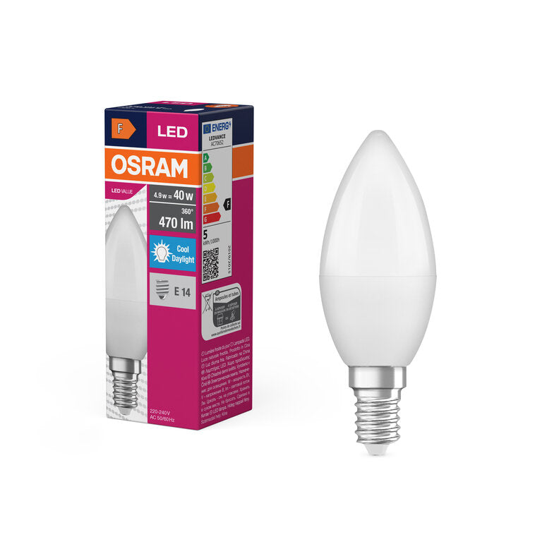 Osram / Ledvance LED Kerze B matt 220° Value 4,9-40W/865 tageslichtweiß 470lm E14 220-240V