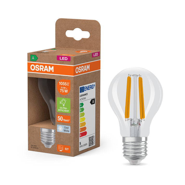 Osram / Ledvance LED Filament Classic A klar 320° UltraEfficient 5-75W/840 kaltweiß 1055lm E27 220-240V