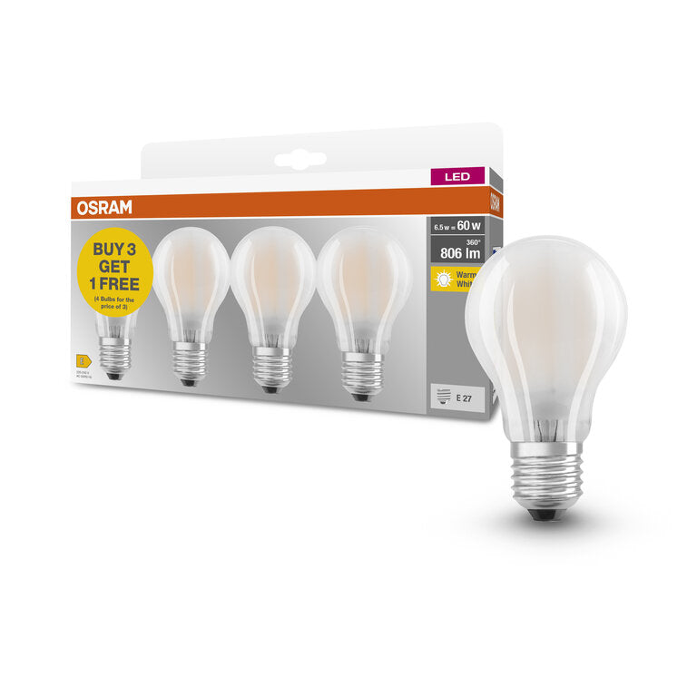 Osram / Ledvance LED Filament Base Classic A matt 300° 6,5-60W/827 warmweiß 806lm E27 220-240V 4er Pack