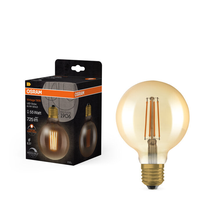Osram / Ledvance LED Filament Vintage 1906 Globe G95 klar 300° 6,5-55W/824 extra warmweiß 725lm E27 220-240V dimmbar