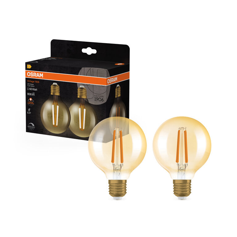 Osram / Ledvance LED Filament Vintage 1906 Globe G80 klar 300° 7,2-60W/824 extra warmweiß 806lm E27 220-240V dimmbar 2er Pack