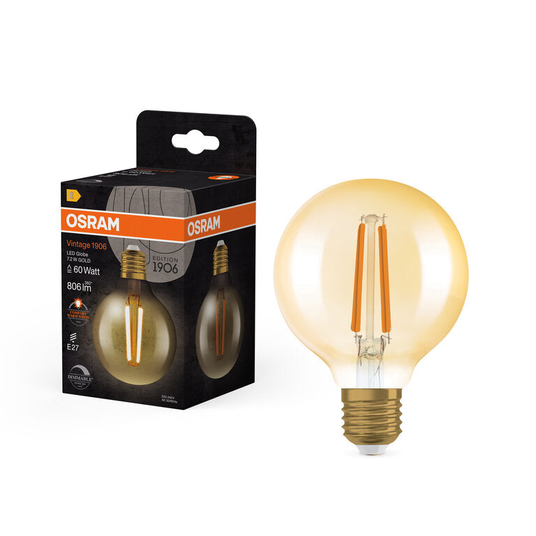 Osram / Ledvance LED Filament Vintage 1906 Globe G80 klar 300° 7,2-60W/824 extra warmweiß 806lm E27 220-240V dimmbar