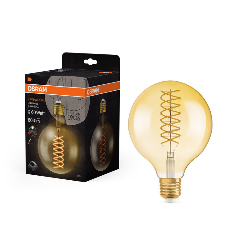 Osram / Ledvance LED Filament Vintage 1906 Globe G125 klar 300° 8,4-60W/824 extra warmweiß 806lm E27 220-240V dimmbar