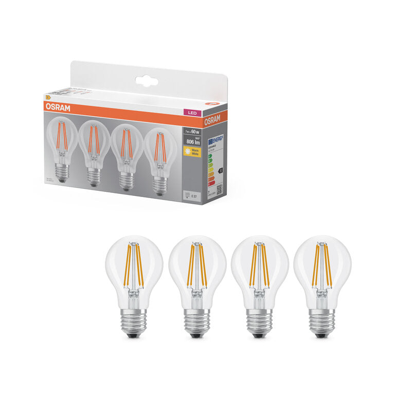 Osram / Ledvance LED Filament Base Classic A klar 300° 7-60W/827 warmweiß 806lm E27 220-240V 4er Pack
