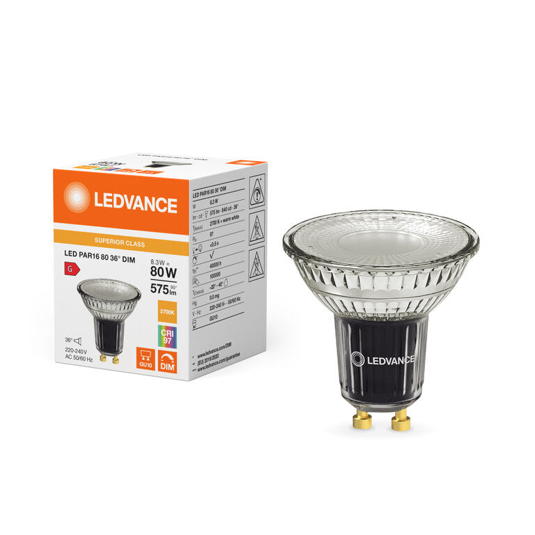 Osram / Ledvance LED Spot PAR16 36° Superior 8,3-80W/927 warmweiß 575lm GU10 220-240V dimmbar