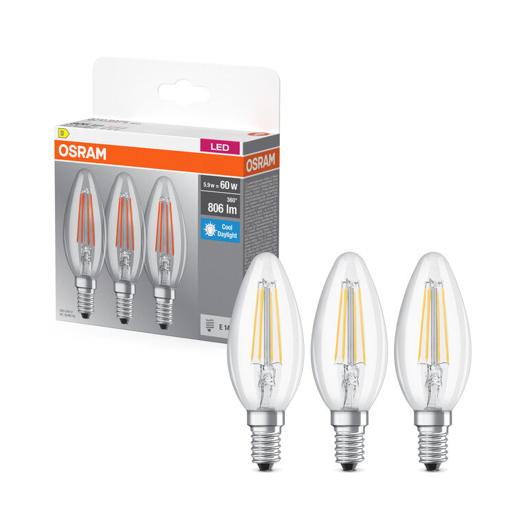 Osram / Ledvance LED Filament Base Kerze B klar 300° 5,9-60W/865 tageslichtweiß 806lm E14 220-240V 3er Pack