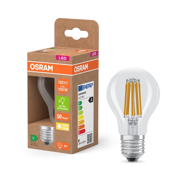Osram / Ledvance LED Filament Classic A klar 300° UltraEfficient 7,2-100W/827 warmweiß 1521lm E27 220-240V