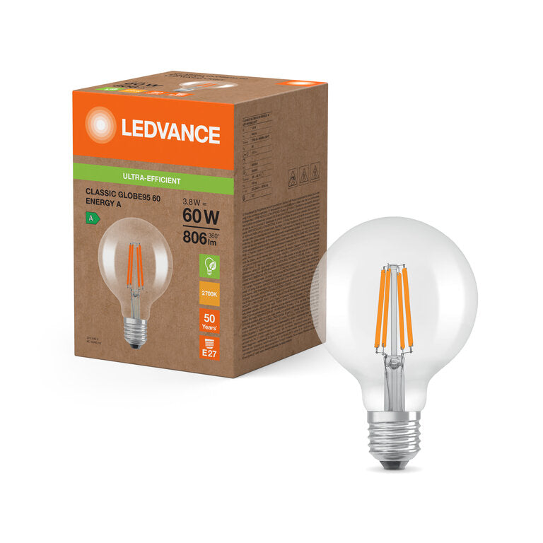 Osram / Ledvance LED Filament Globe G95 klar 300° Superior UltraEfficient 3,8-60W/827 warmweiß 806lm E27 220-240V