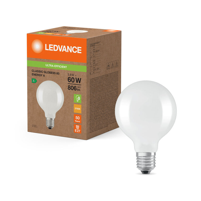 Osram / Ledvance LED Filament Globe G95 matt 300° Superior UltraEfficient 3,8-60W/827 warmweiß 806lm E27 220-240V