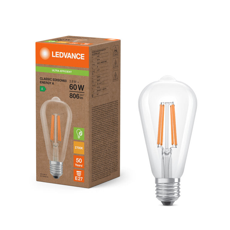 Osram / Ledvance LED Filament Edison ST klar 300° Superior UltraEfficient 3,8-60W/827 warmweiß 806lm E27 220-240V