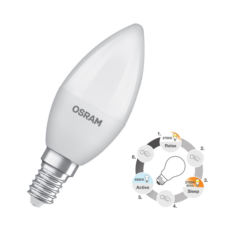Osram / Ledvance LED Superstar Kerze B matt 200° 3xclick Relax/Active/Sleep 4,9-40W/827…840 warmweiß…kaltweiß 470lm E14 220-240V