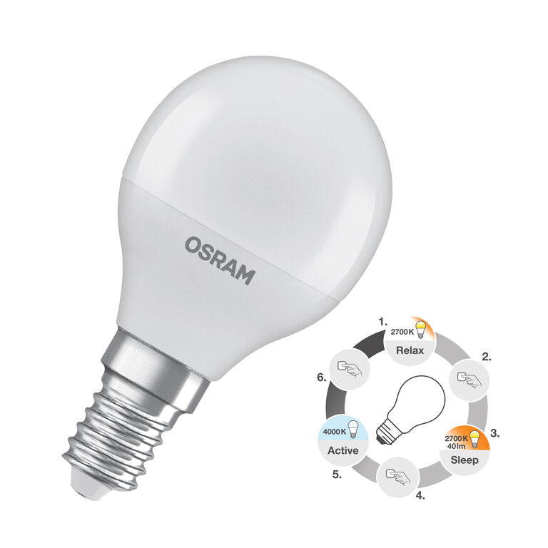 Osram / Ledvance LED Superstar Tropfen P matt 200° 3xclick Relax/Active/Sleep 4,9-40W/827…840 warmweiß…kaltweiß 470lm E14 220-240V
