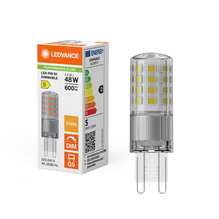 Osram / Ledvance LED Pin klar 320° Performance 4,4-48W/827 warmweiß 600lm G9 220-240V dimmbar